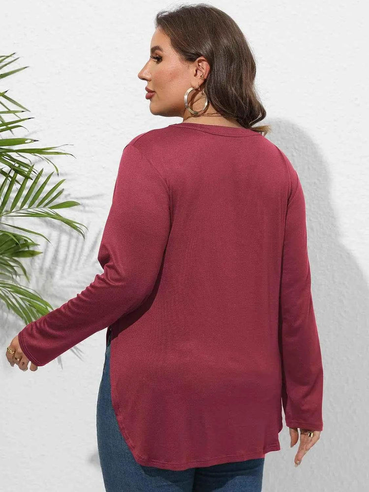 Plus Size Round Neck Long Sleeve Slit T-Shirt women Attire by Trendsi