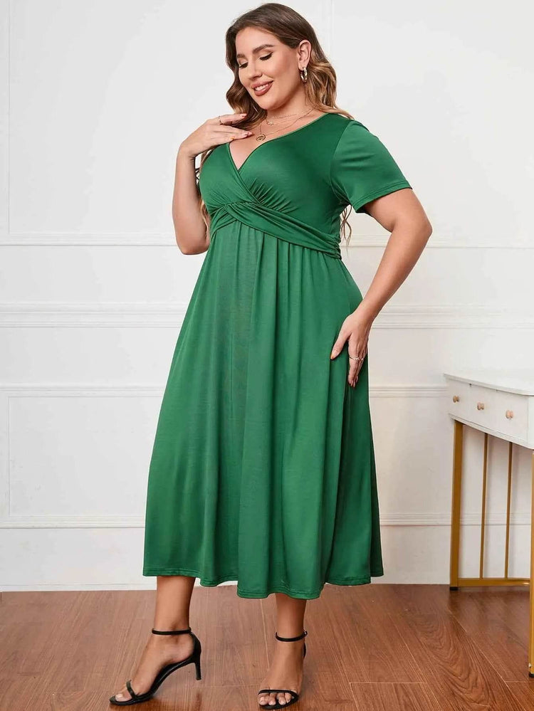 Honey Plus Size Short Sleeve Surplice Neck Midi Dress women Attire by Trendsi