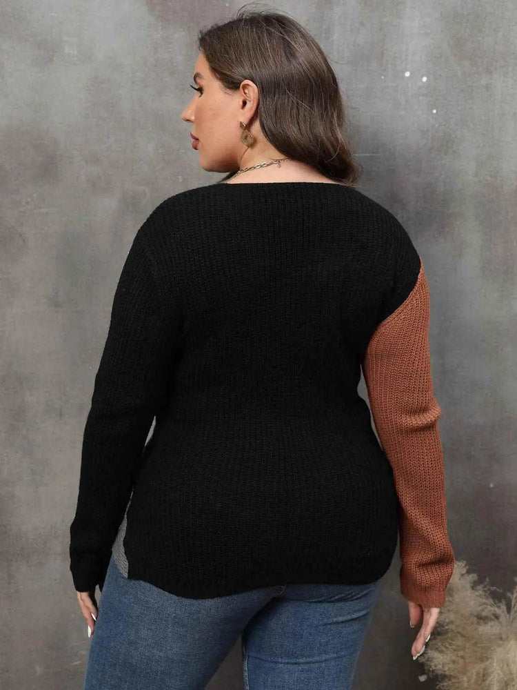 Plus Size Two-Tone Surplice Neck Sweater women Attire by Trendsi