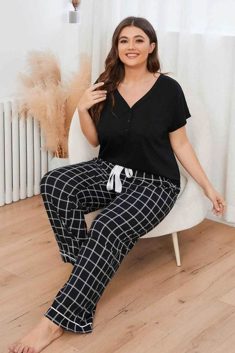 Plus Size V-Neck Top and Plaid Pants Lounge Set women Attire by Trendsi