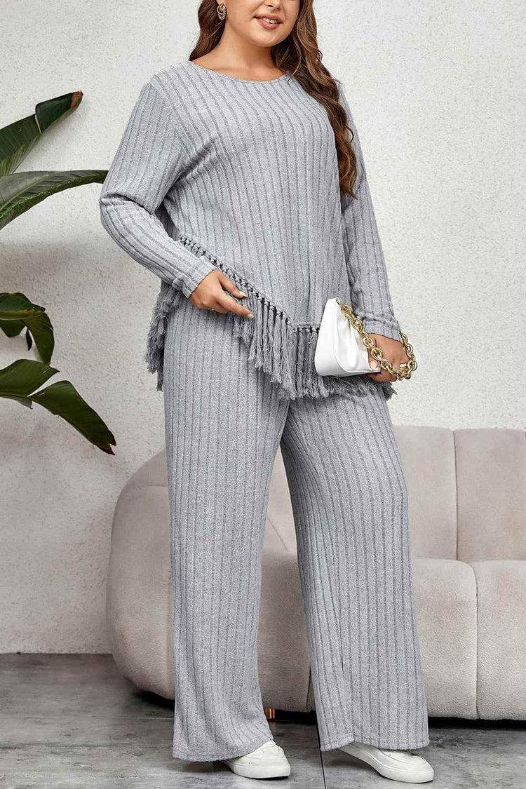 Honey Plus Size Tassel Hem Top and Pants Set women Attire by Trendsi