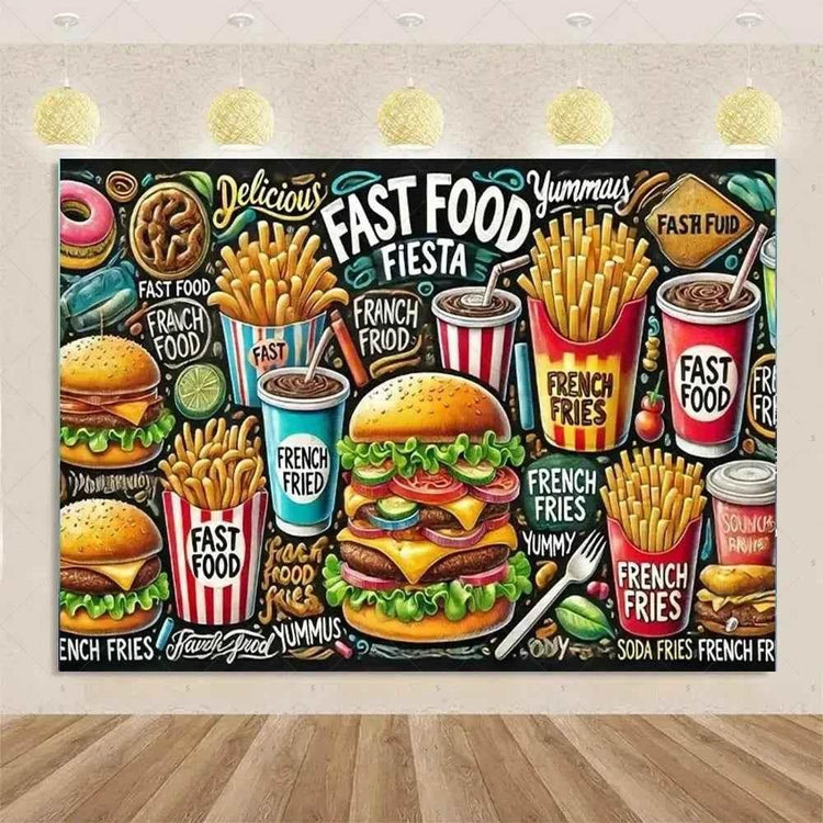 Quick Food Theme Birthday Party Decoration Hamburger French Fries Pizza Background Banner Photography Backdrop Supplies Kid Gift by DSERS