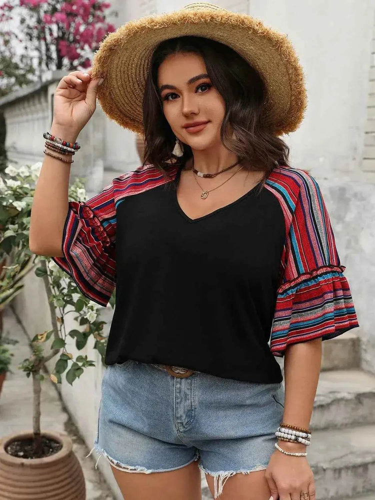 Plus Size V-Neck Flounce Sleeve Top women Attire by Trendsi