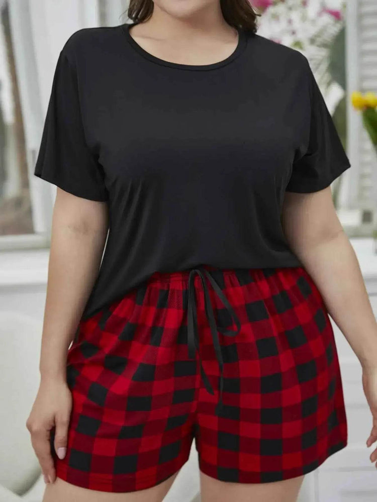 Plus Size Round Neck Tee Shirt and Plaid Shorts Lounge Set women Attire by Trendsi