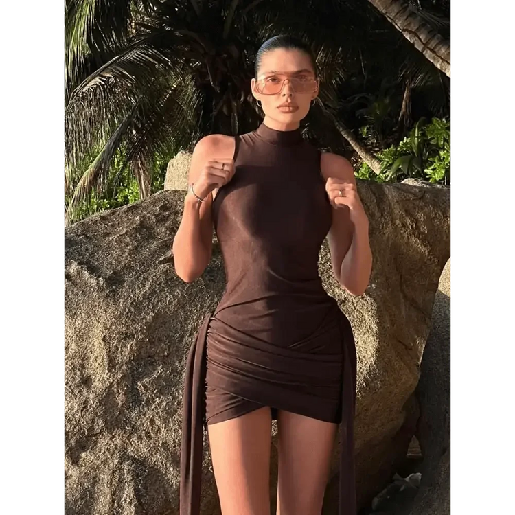 Brown Pleat Women Mini Vestidos Elegant Draped Ruched Turtleneck Sleeveless Slim Fit Dresses Summer Woman Club Party Short Dress women&