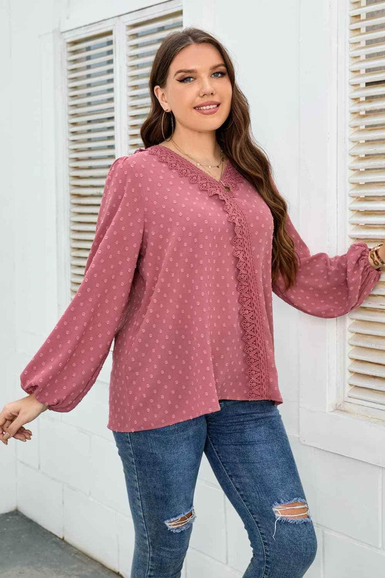 Honey Melo Apparel Plus Size Lace Trim V-Neck Balloon Sleeve Blouse women Attire by Trendsi