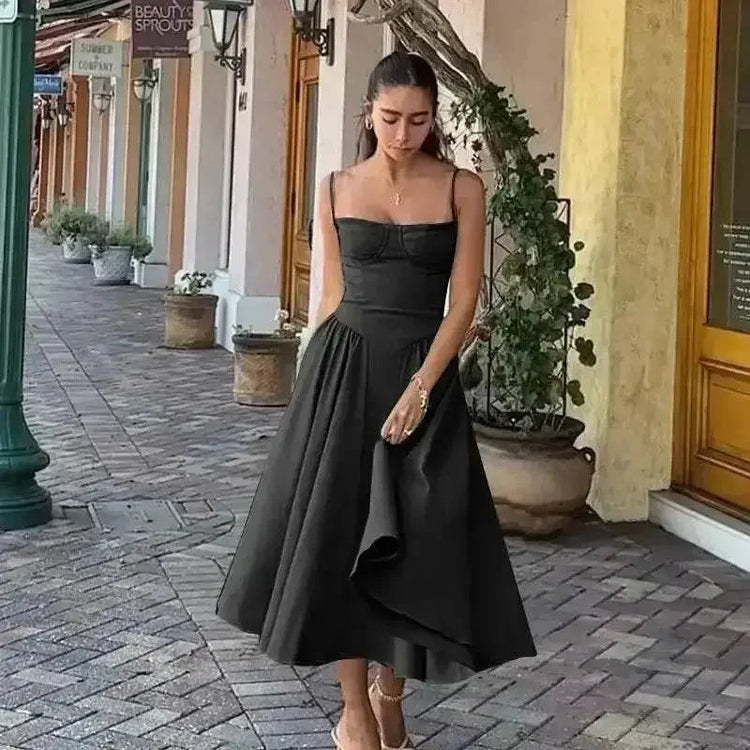 Elegant Spaghetti Strap Midi Dress Women Party Slim A Line Solid Suspender Lady Dresses New Spring Summer Fashion Sexy Vestidos women&