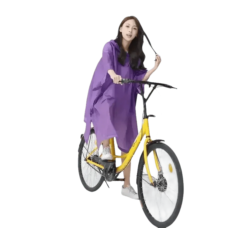 Woman in Colorful Waterproof Long Raincoat on Yellow Bicycle Raincoat by Lemonkid Hat Slipper Raincoat Store