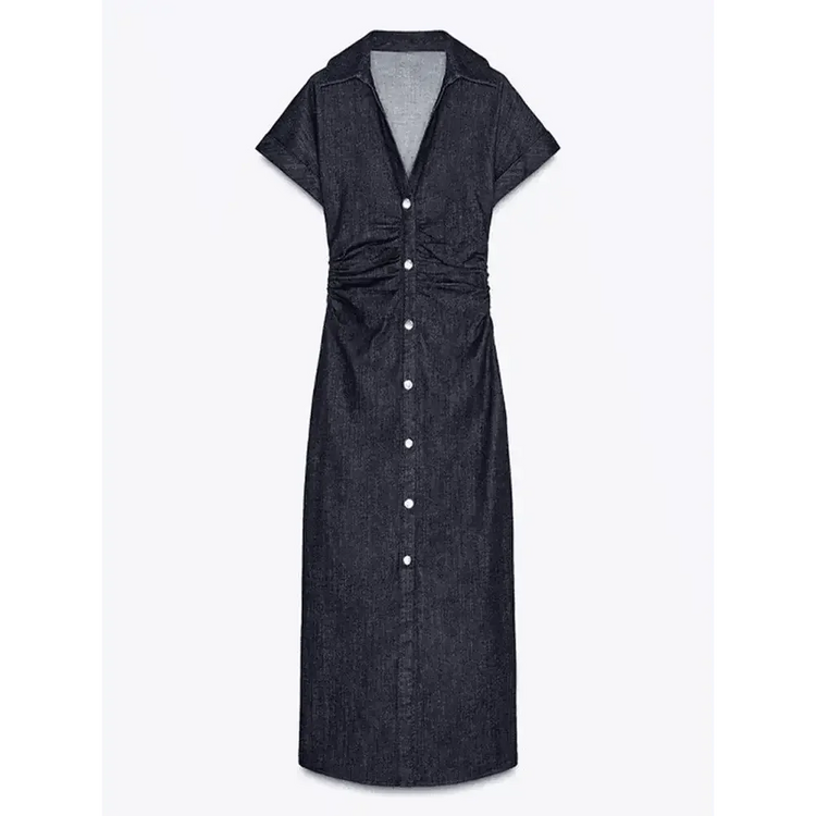 Women Denim V-neck Short Sleeved Long Dress Chic Slim Fit Single Breast Slit Vestidos New High Street Casual Solid Commuter Gown women&