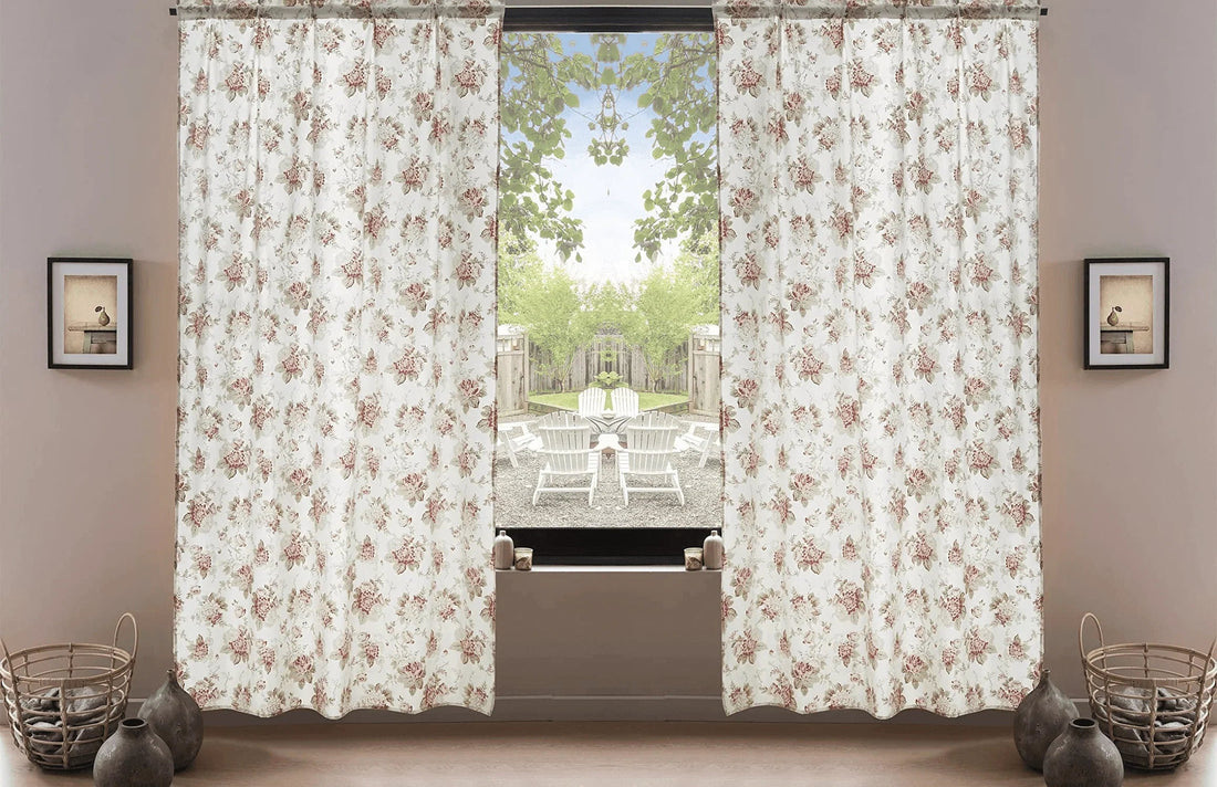 DaDa Bedding Set of 2-Pieces Hint of Mint Dainty Floral Pink Roses Cottage Sheer Window Panel Curtains (JHW3036)