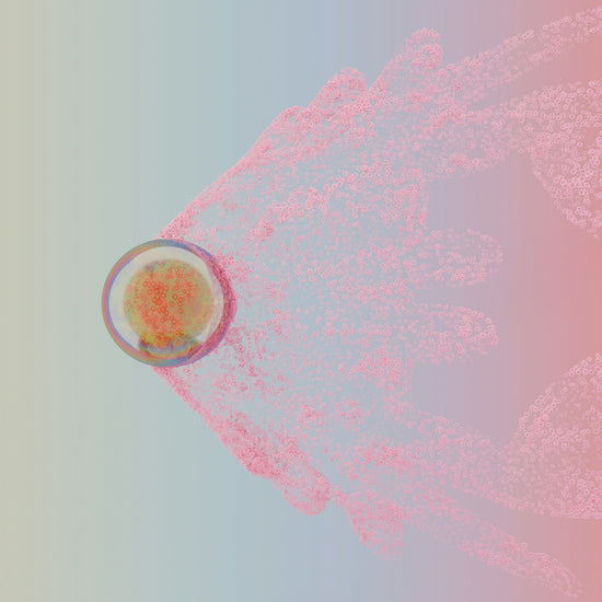 a pink and blue background with a bowl of food