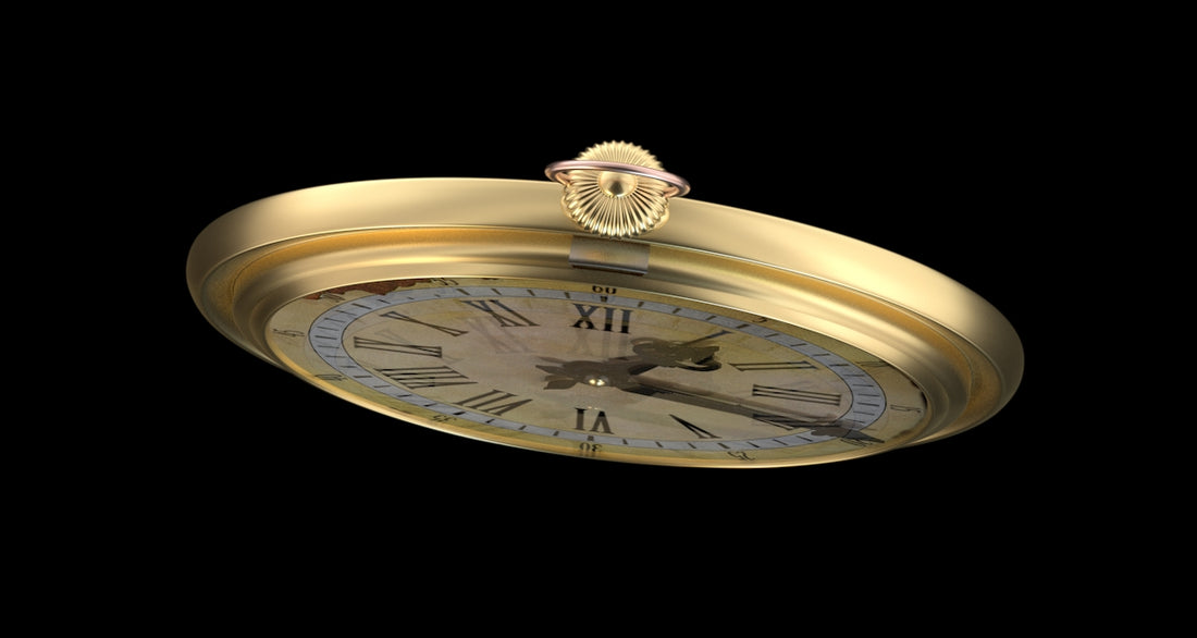A gold clock with roman numerals on a black background