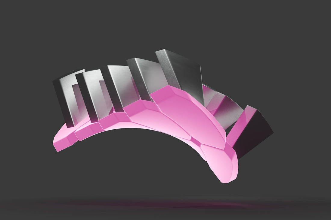A pink and silver logo on a black background