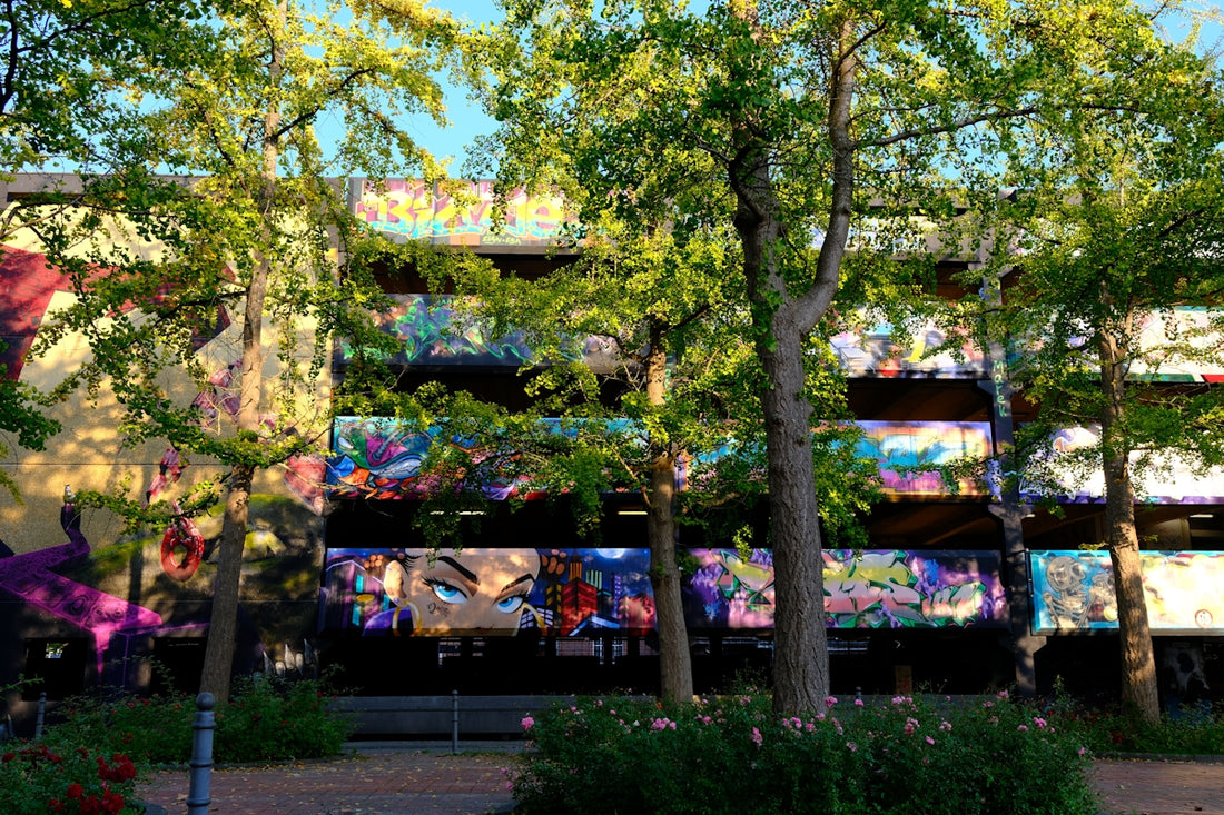 Building facade covered in colorful graffiti art