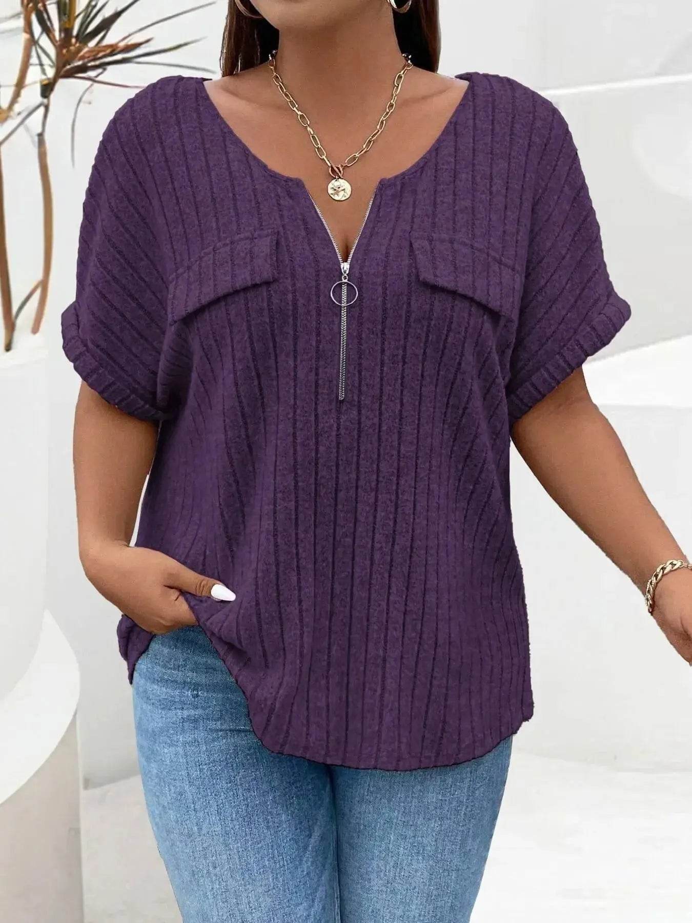 Plus Size Ribbed Half Zip Relaxed Fit T-Shirt women Attire by Trendsi