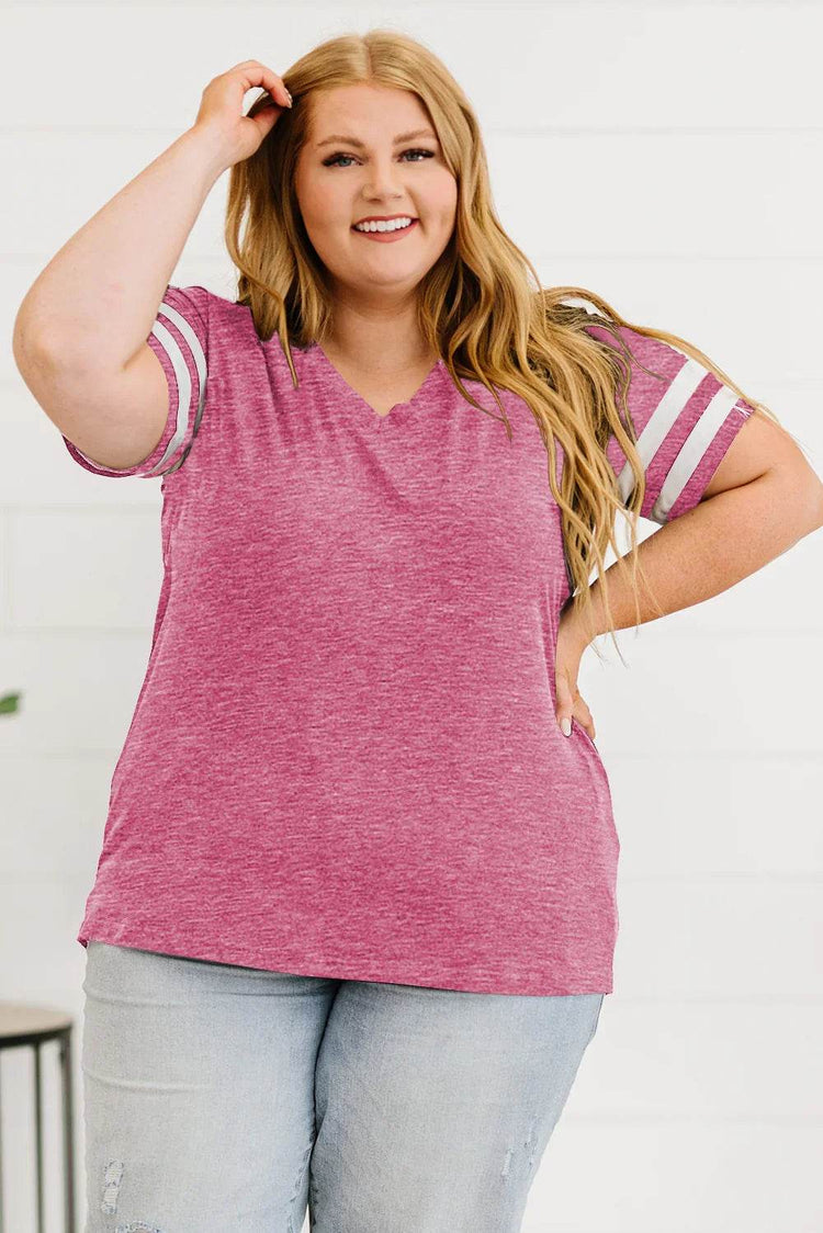 Plus Size Striped V-Neck Tee Shirt women Attire by Trendsi