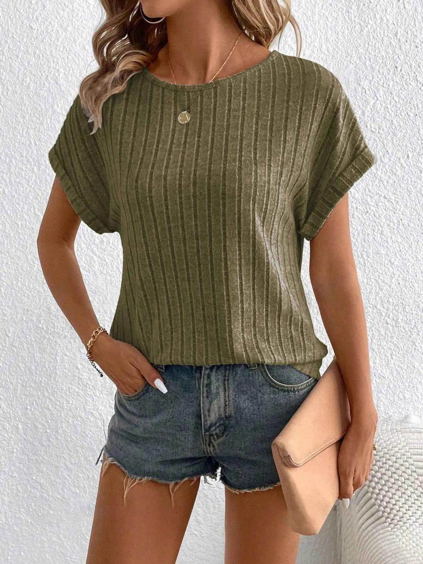 Plus Size Ribbed Texture Short Sleeve T-Shirt women Attire by Trendsi