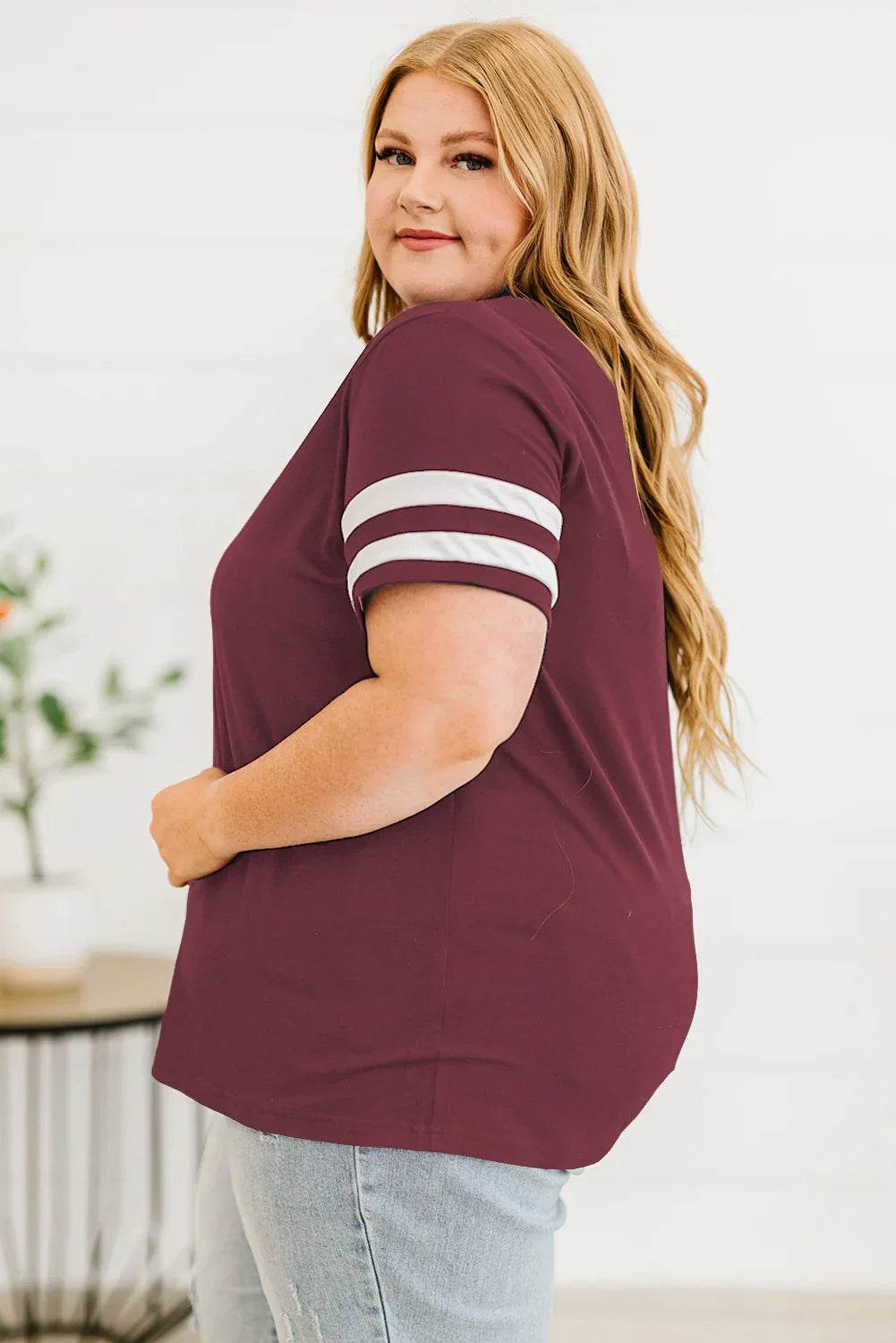 Plus Size Striped V-Neck Tee Shirt women Attire by Trendsi