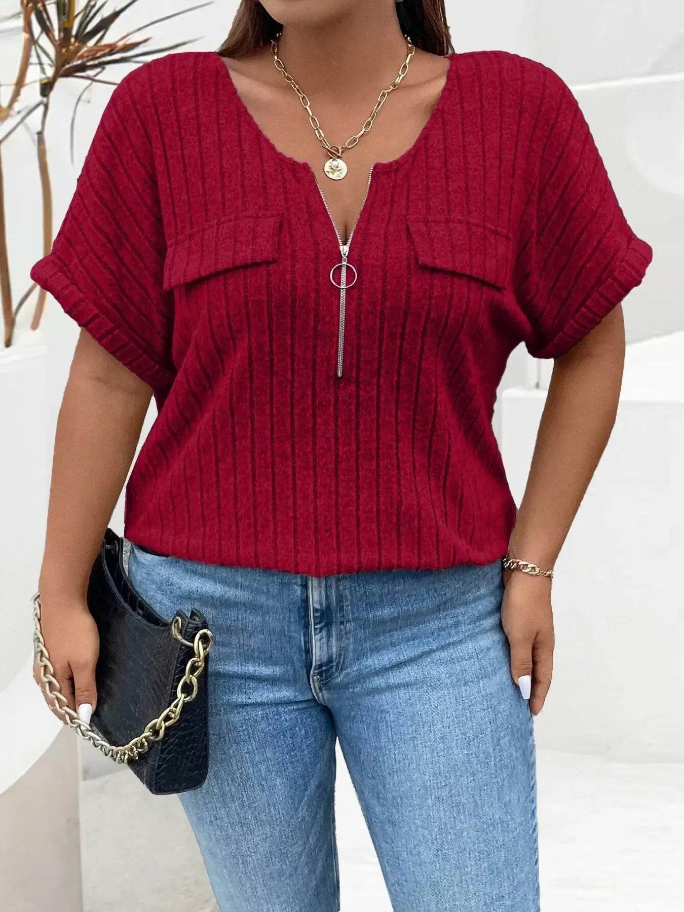 Plus Size Ribbed Half Zip Relaxed Fit T-Shirt women Attire by Trendsi