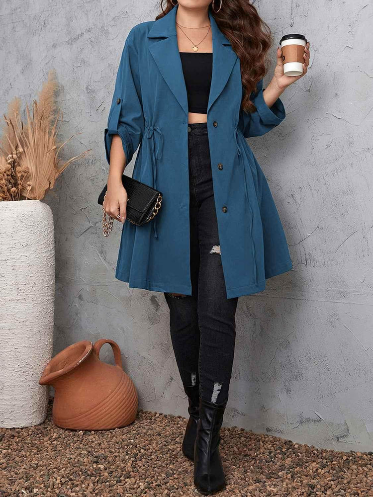 Honey Plus Size Lapel Collar Drawstring Roll-Tab Sleeve Trench Coat women Attire by Trendsi