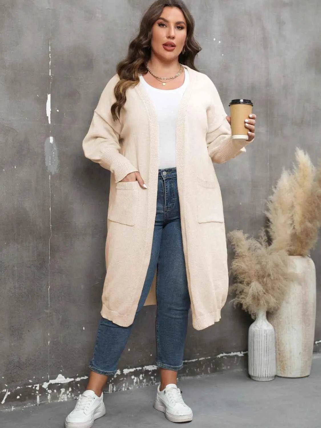 Plus Size Long Sleeve Pocketed Cardigan women Attire by Trendsi