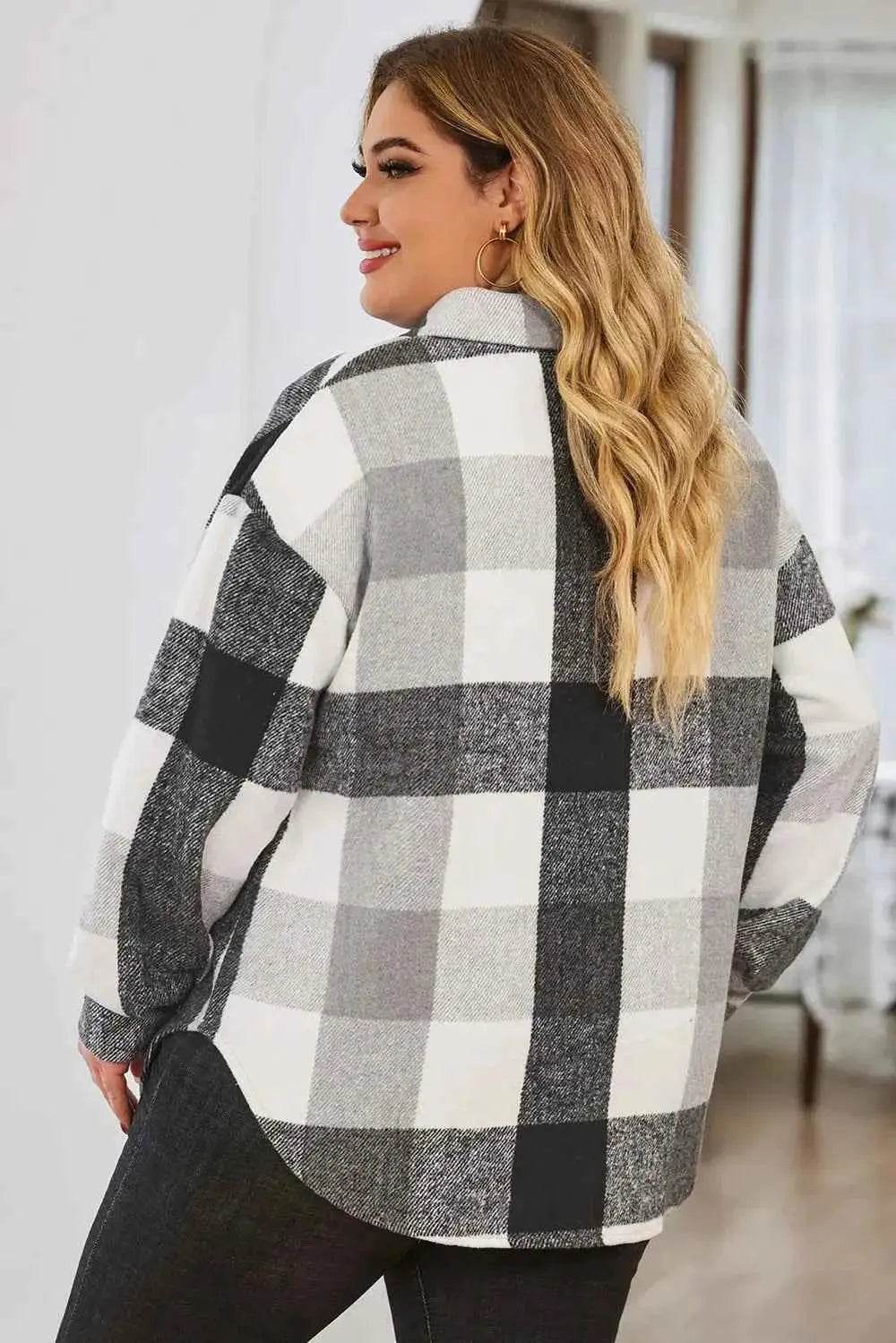 Plus Size Plaid Button Up Collared Neck Jacket women Attire by Trendsi