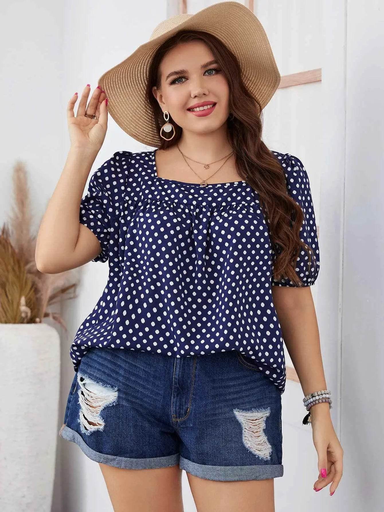 Honey Plus Size Polka Dot Square Neck Blouse women Attire by Trendsi