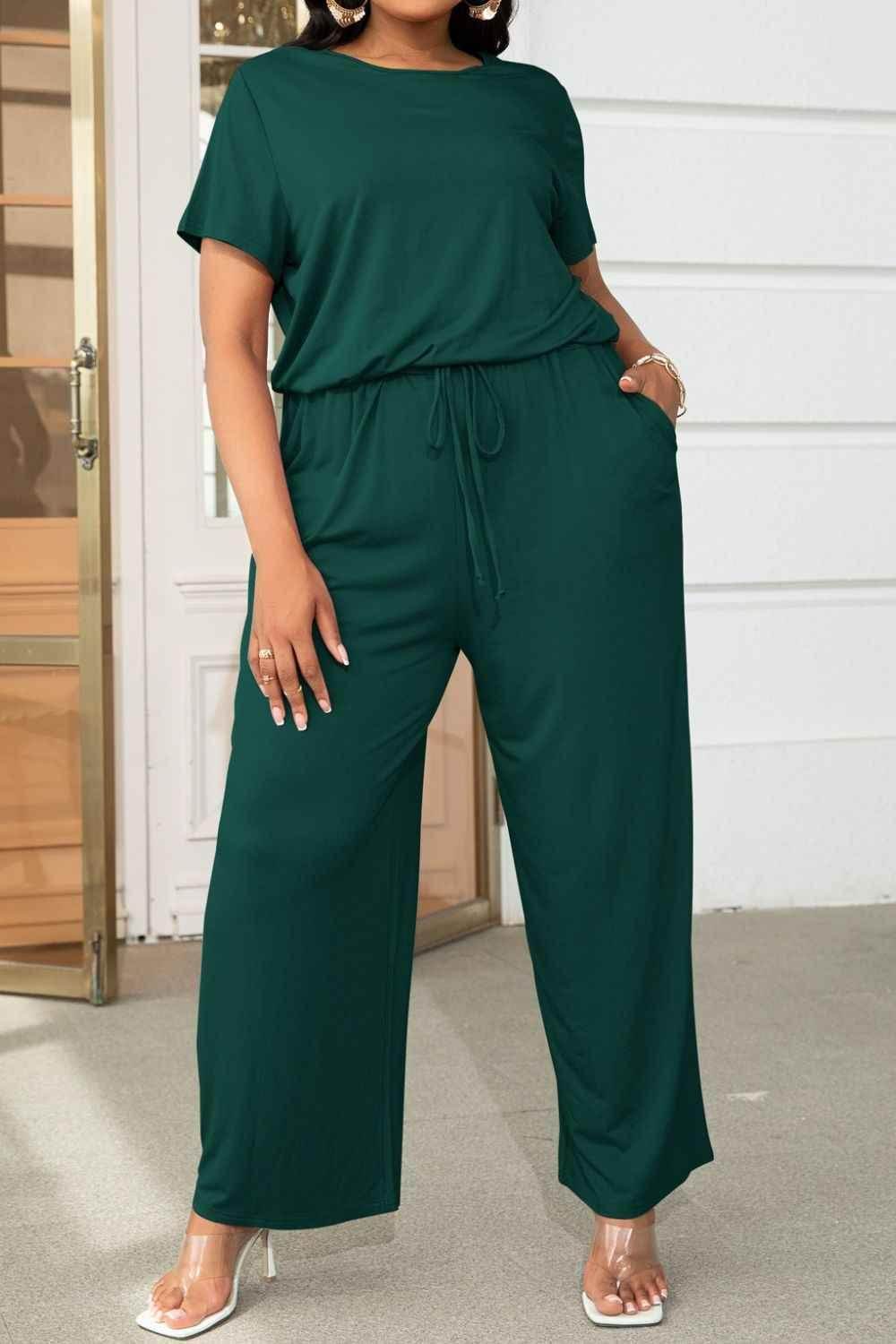 Plus Size Drawstring Waist Short Sleeve Jumpsuit women Attire by Trendsi