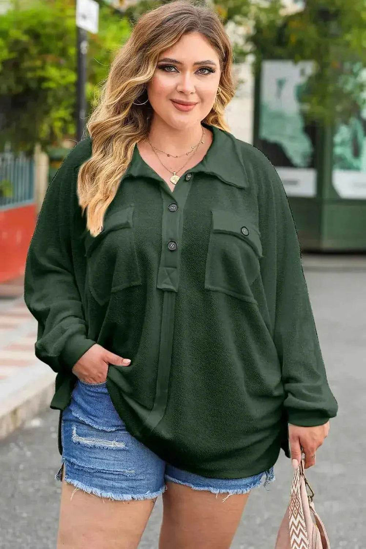 Plus Size Half Button Collared Neck Long Sleeve Blouse women Attire by Trendsi