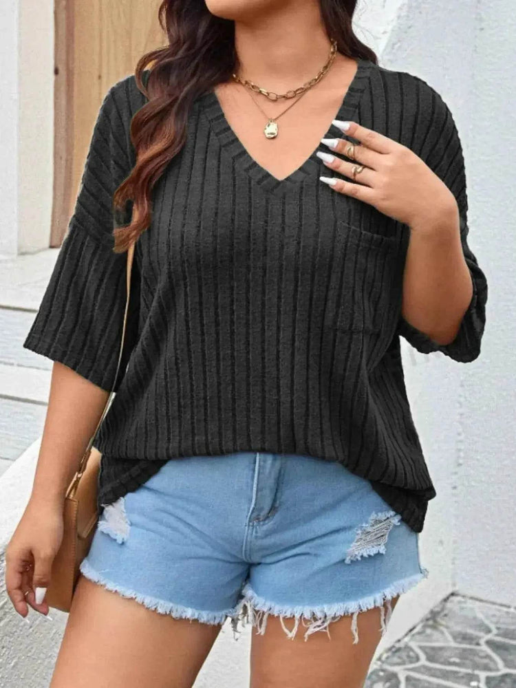 Plus Size V-Neck Ribbed Knit T-Shirt women Attire by Trendsi