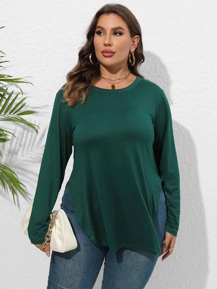 Plus Size Round Neck Long Sleeve Slit T-Shirt women Attire by Trendsi