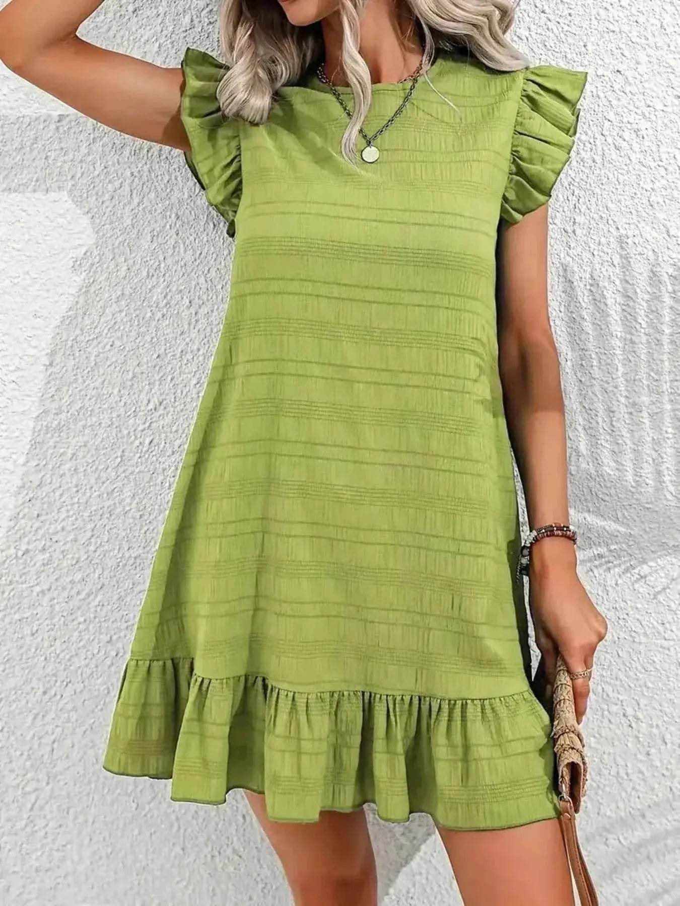 Plus Size Ruffle Hen Cap Sleeve Mini Dress women Attire by Trendsi