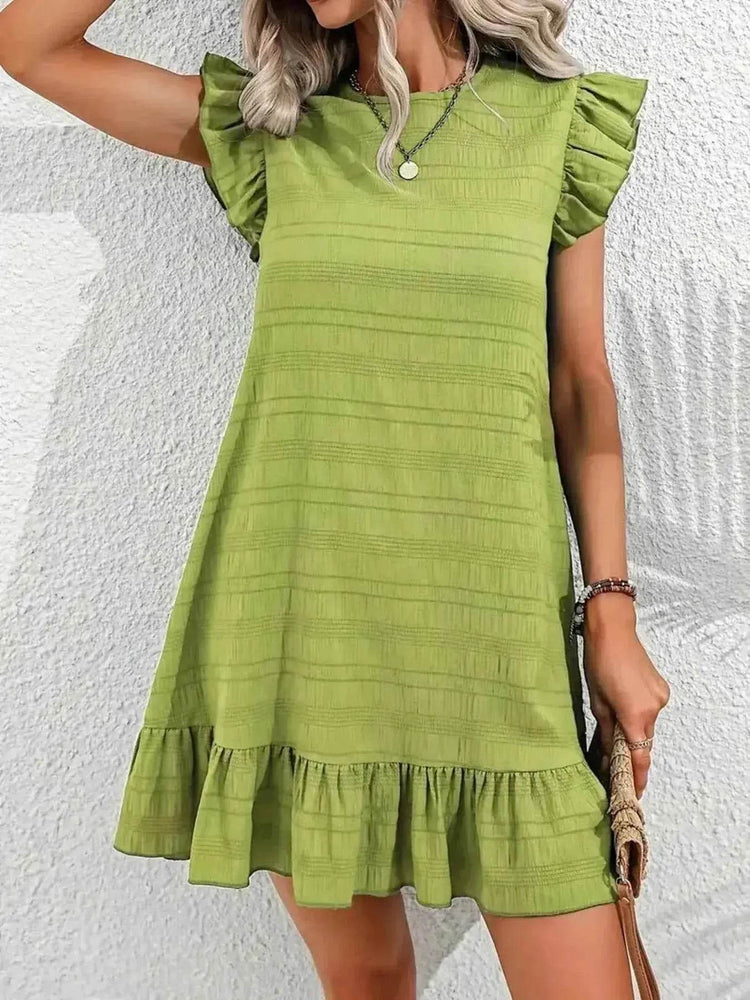 Plus Size Ruffle Hen Cap Sleeve Mini Dress women Attire by Trendsi