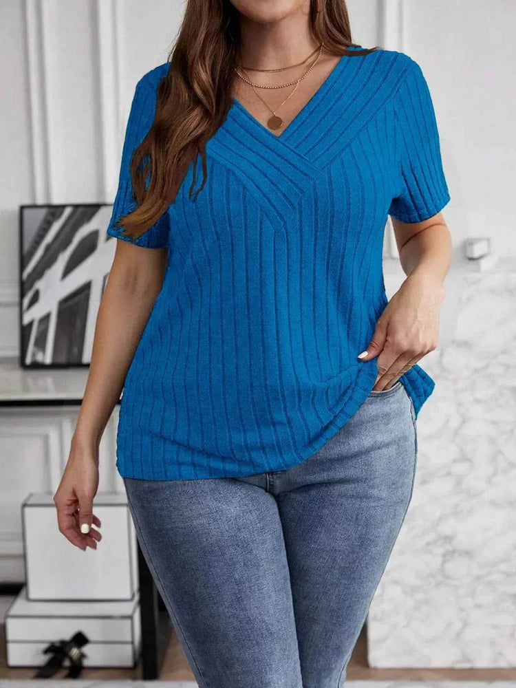 Plus Size V-Neck Short Sleeve Ribbed T-Shirt women Attire by Trendsi