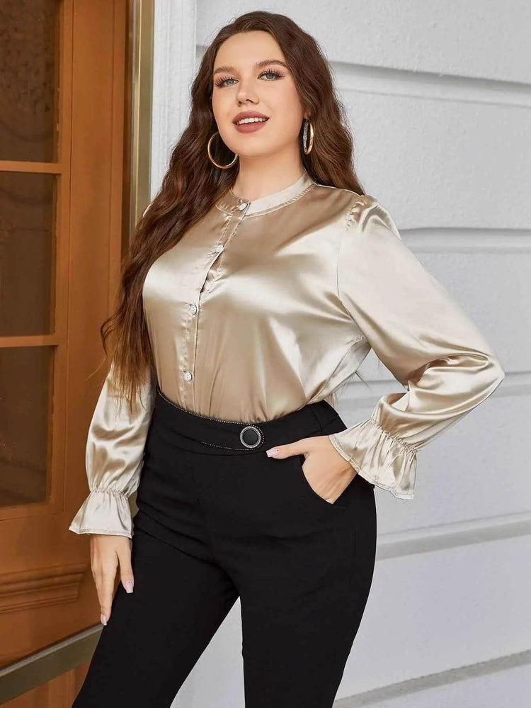 Plus Size Flounce Sleeve Band Collar Shirt women Attire by Trendsi