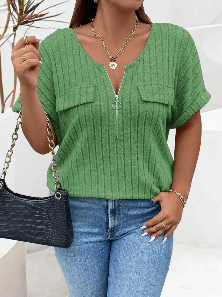 Plus Size Ribbed Half Zip Relaxed Fit T-Shirt women Attire by Trendsi