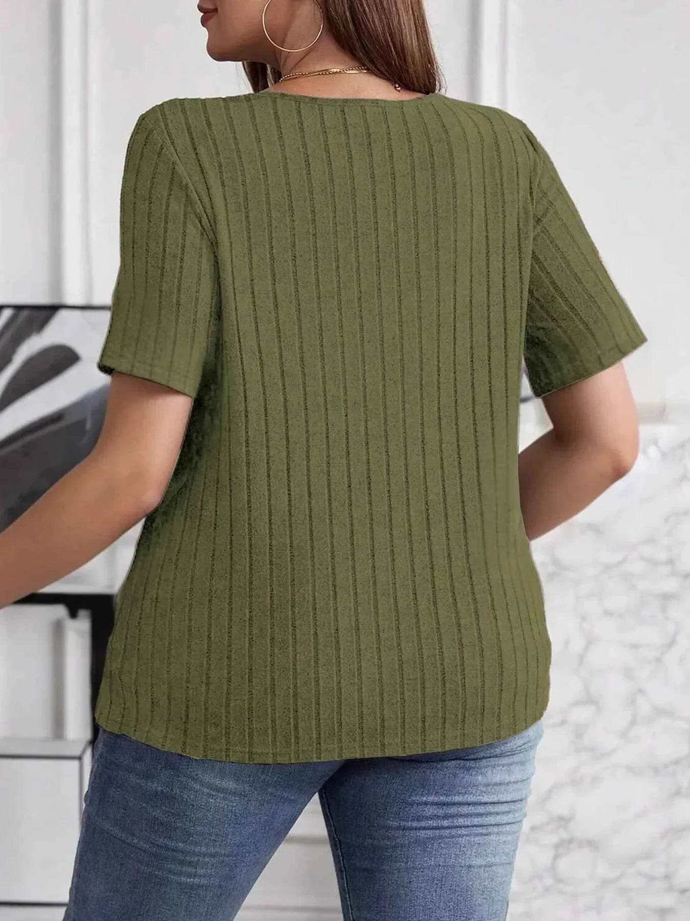 Plus Size V-Neck Short Sleeve Ribbed T-Shirt women Attire by Trendsi