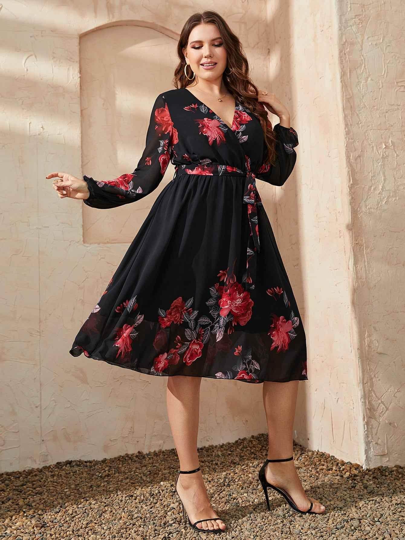 Honey Plus Size Floral Surplice Neck Tie Waist Dress women Attire by Trendsi