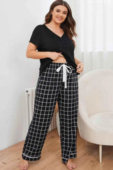 Plus Size V-Neck Top and Plaid Pants Lounge Set women Attire by Trendsi