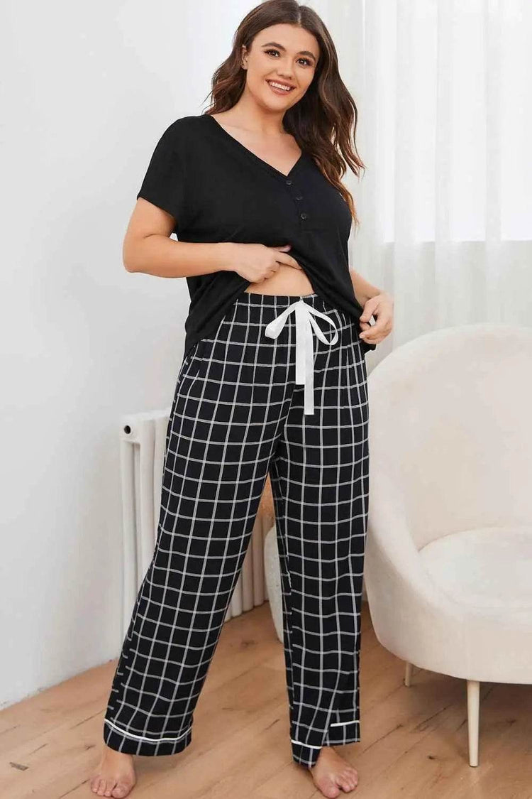 Plus Size V-Neck Top and Plaid Pants Lounge Set women Attire by Trendsi
