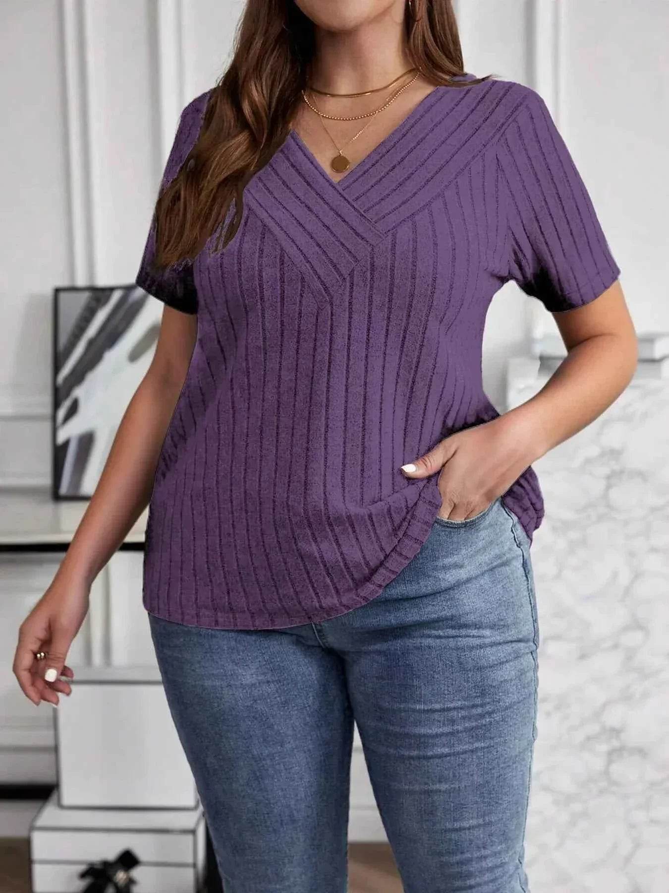 Plus Size V-Neck Short Sleeve Ribbed T-Shirt women Attire by Trendsi