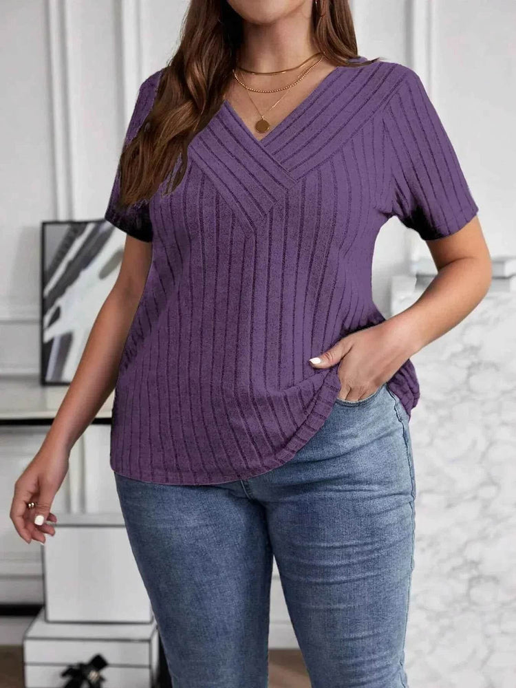 Plus Size V-Neck Short Sleeve Ribbed T-Shirt women Attire by Trendsi