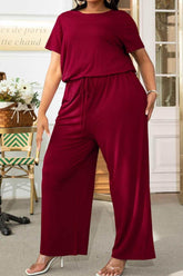 Plus Size Drawstring Waist Short Sleeve Jumpsuit women Attire by Trendsi