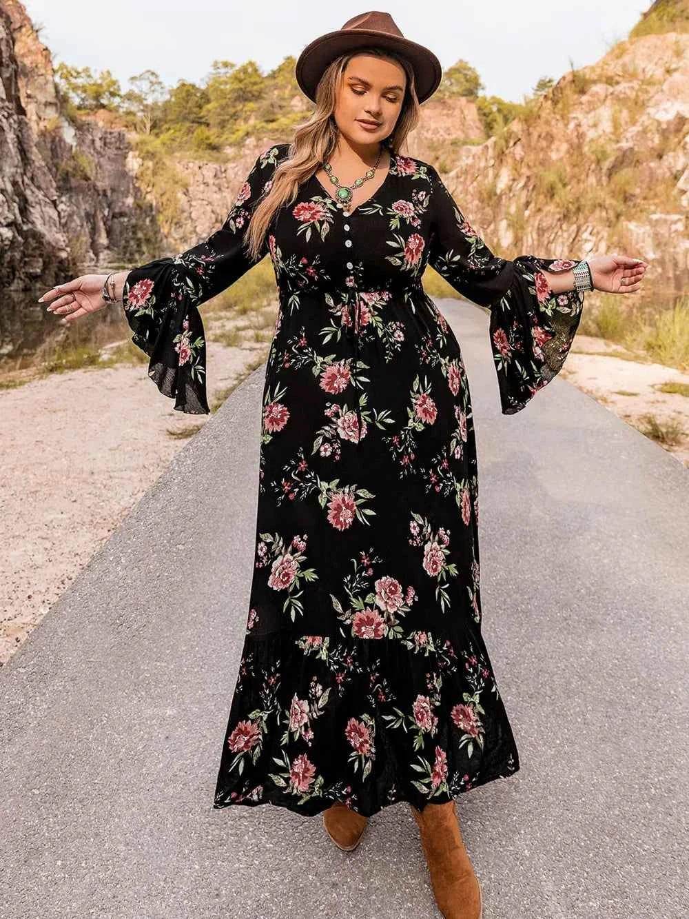 Plus Size Floral Flare Sleeve Dress women Attire by Trendsi