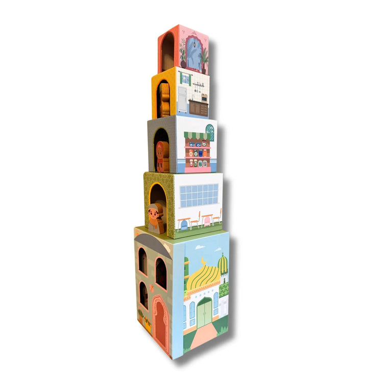 Stacking Houses (Set of 5 Houses and 3 Hardwood Characters) by Lala + Mo