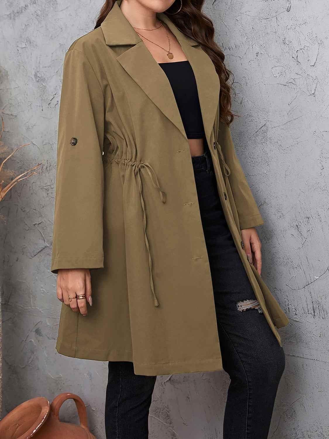 Honey Plus Size Lapel Collar Drawstring Roll-Tab Sleeve Trench Coat women Attire by Trendsi