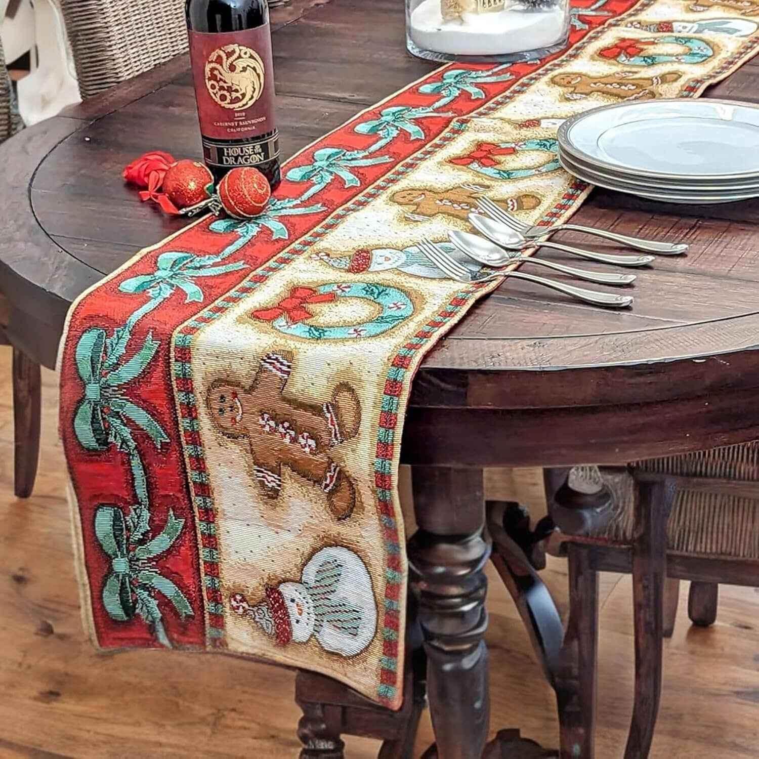 DaDa Bedding Gingerbread Snowman Holiday Woven Tapestry Dining Table Runner (12917) Table Runners by DaDalogy Bedding Collection