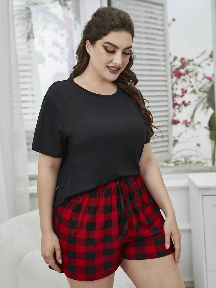 Plus Size Round Neck Tee Shirt and Plaid Shorts Lounge Set women Attire by Trendsi