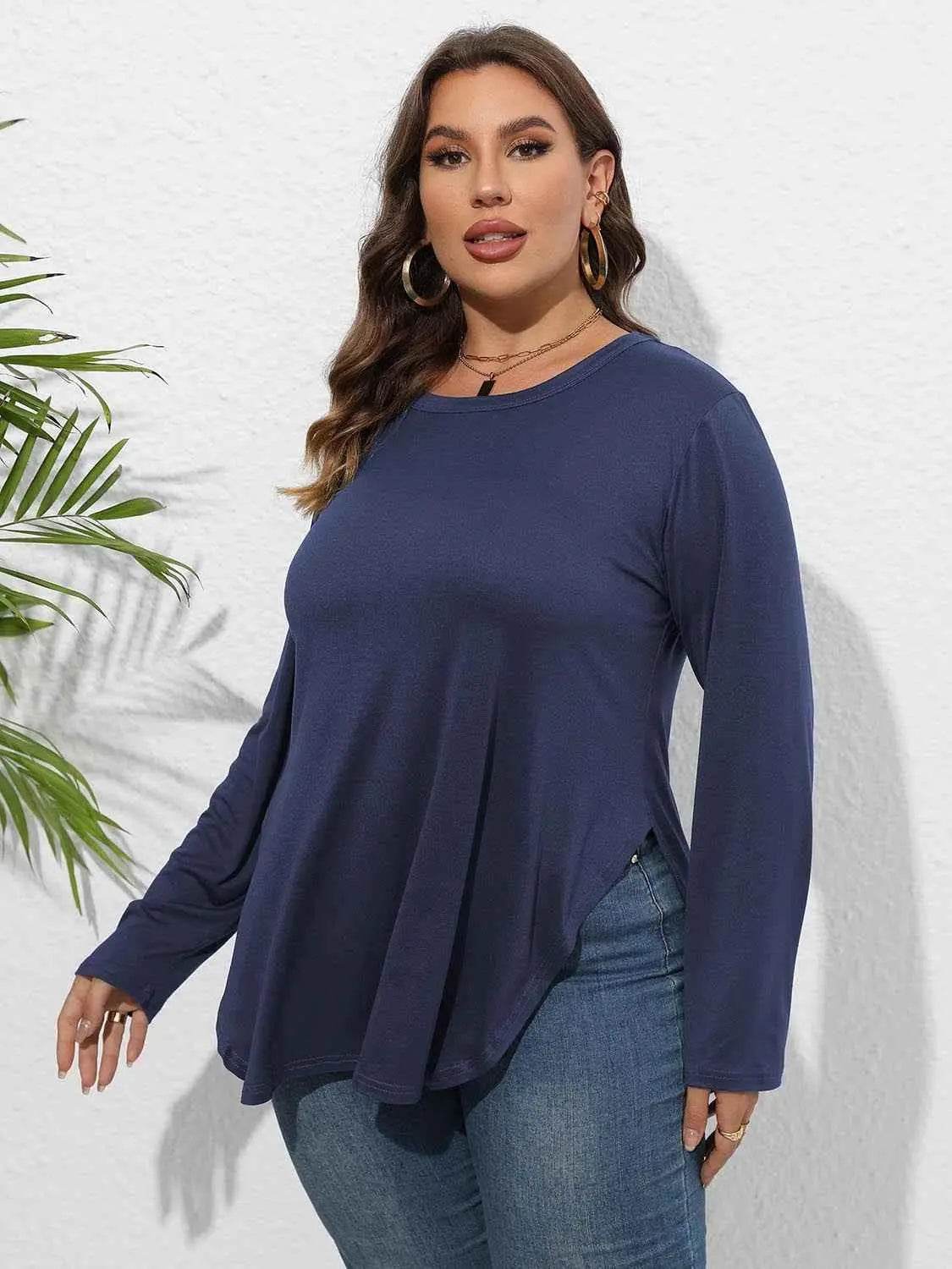 Plus Size Round Neck Long Sleeve Slit T-Shirt women Attire by Trendsi
