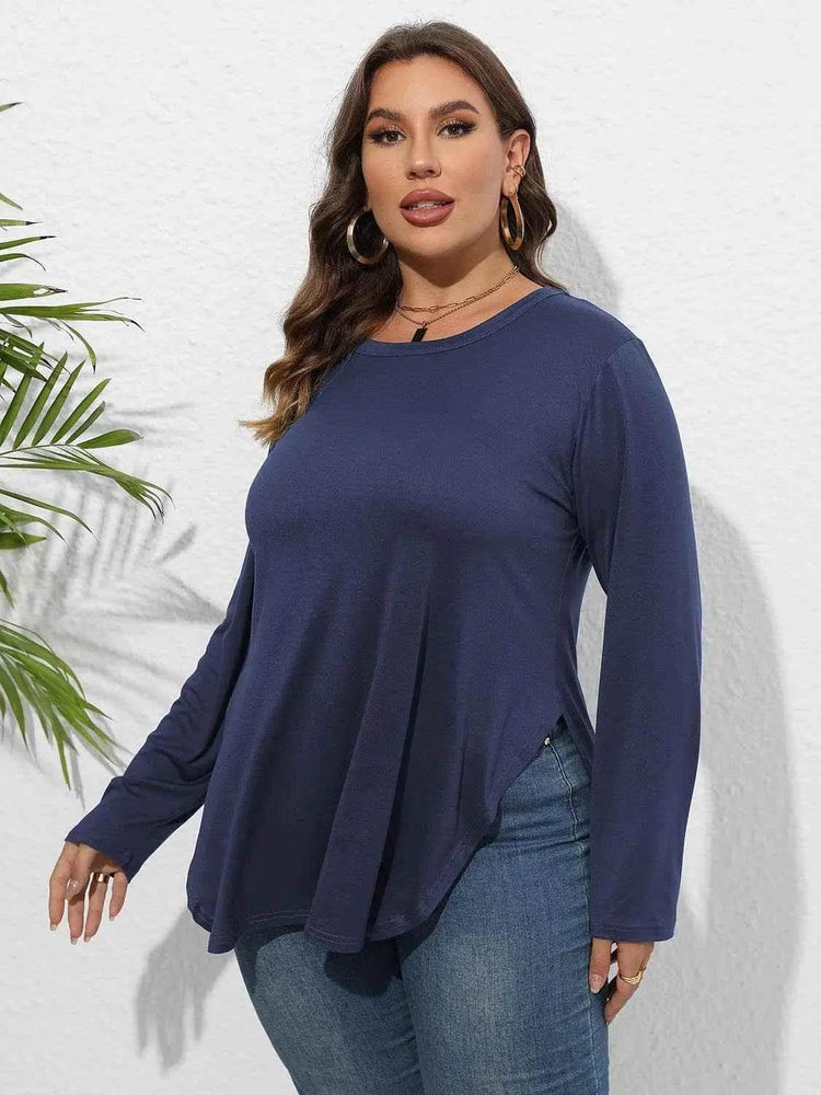Plus Size Round Neck Long Sleeve Slit T-Shirt women Attire by Trendsi
